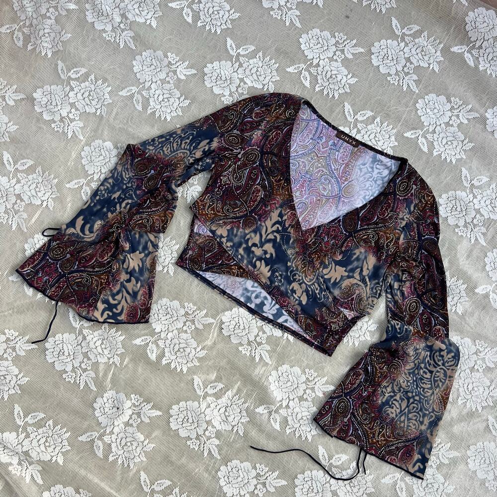 Vintage Y2K UNYX Paisley Mesh Bell Sleeve Crop Top – Size Medium